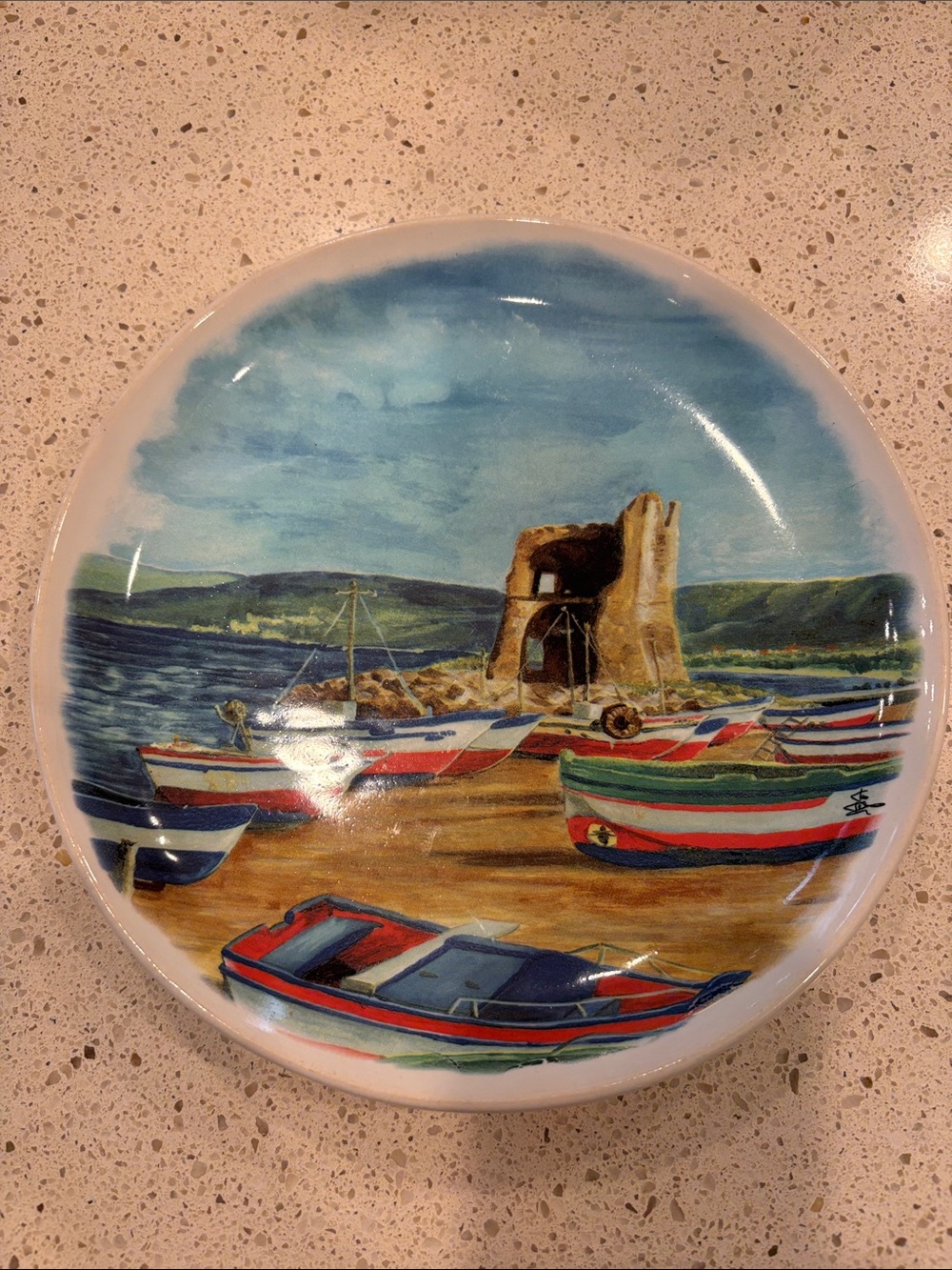 Coastal Boats Ceramic Wall Plate - Blue, Red, Green